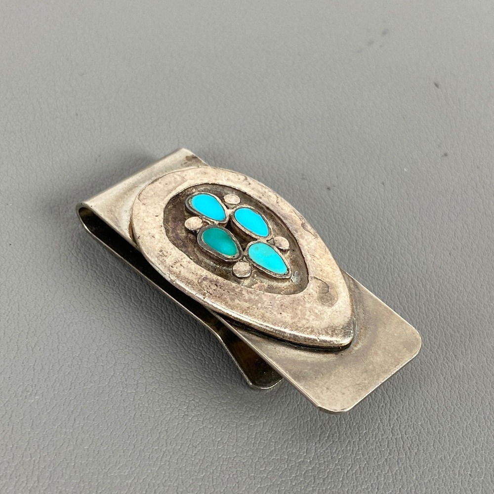 Vintage Southwestern Native Style Sterling Silver Turquoise Inlay Money Clip